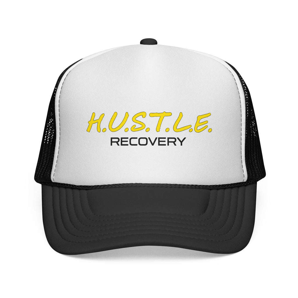 HUSTLE Recovery Trucker Hat — Motivational Mesh Cap for Sobriety & Wellness