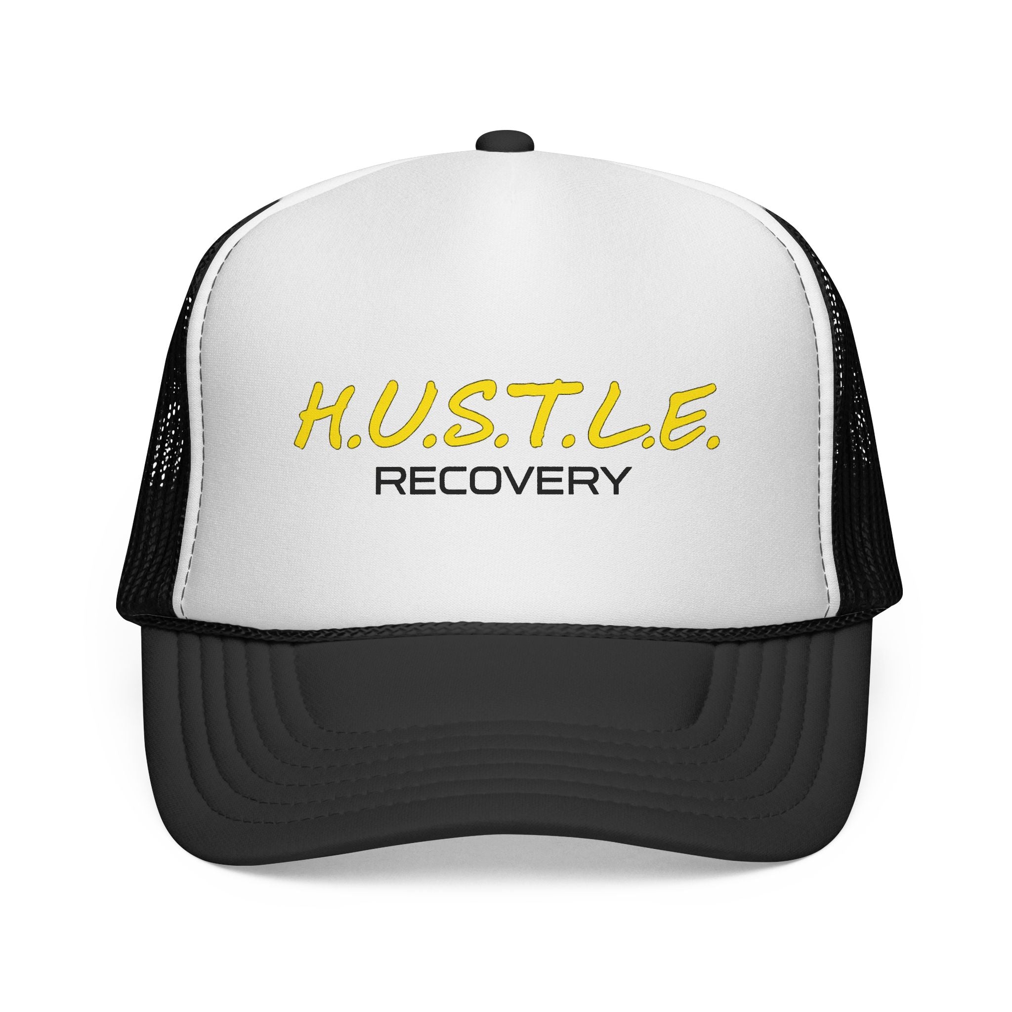 HUSTLE Recovery Trucker Hat — Motivational Mesh Cap for Sobriety & Wellness