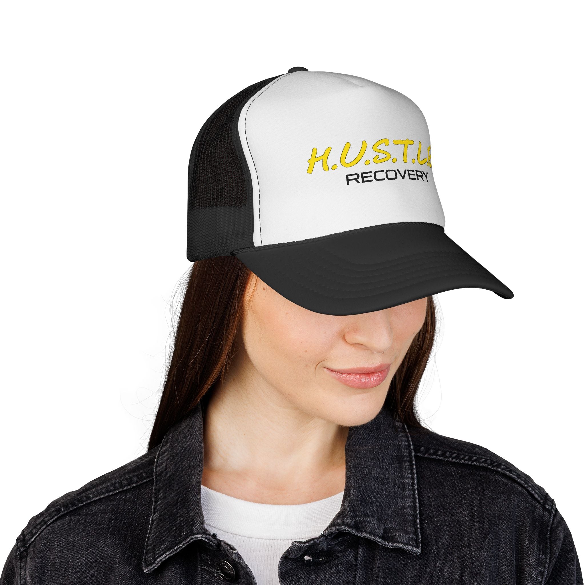 HUSTLE Recovery Trucker Hat — Motivational Mesh Cap for Sobriety & Wellness